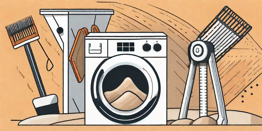 A sandy beach setting with a clothes dryer vent being cleaned by an array of tools